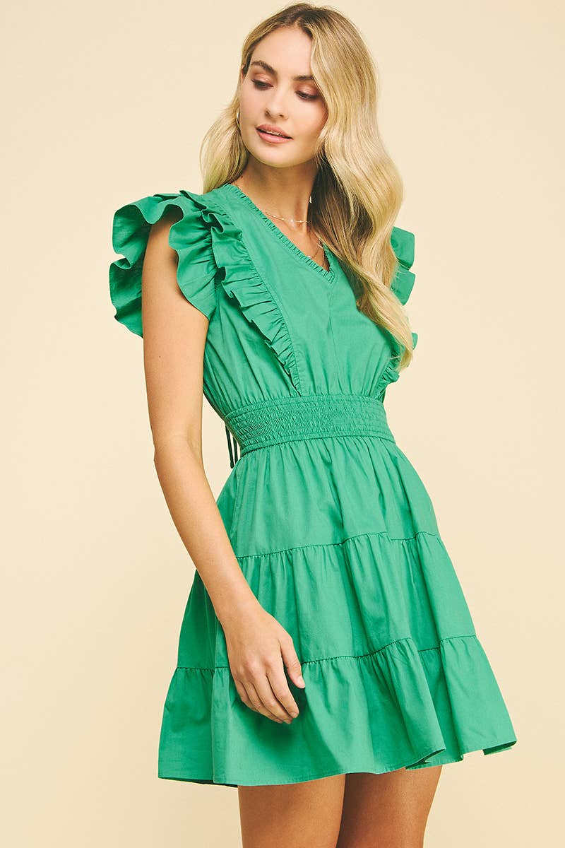 RUFFLED SLEEVE MINI DRESS GREEN