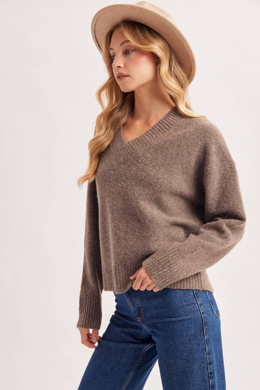 V-NECK FUZZY KNIT SWEATER