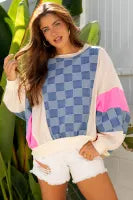 Checkered Denim Exposed Seam Patchwork Casual Sweatshirt