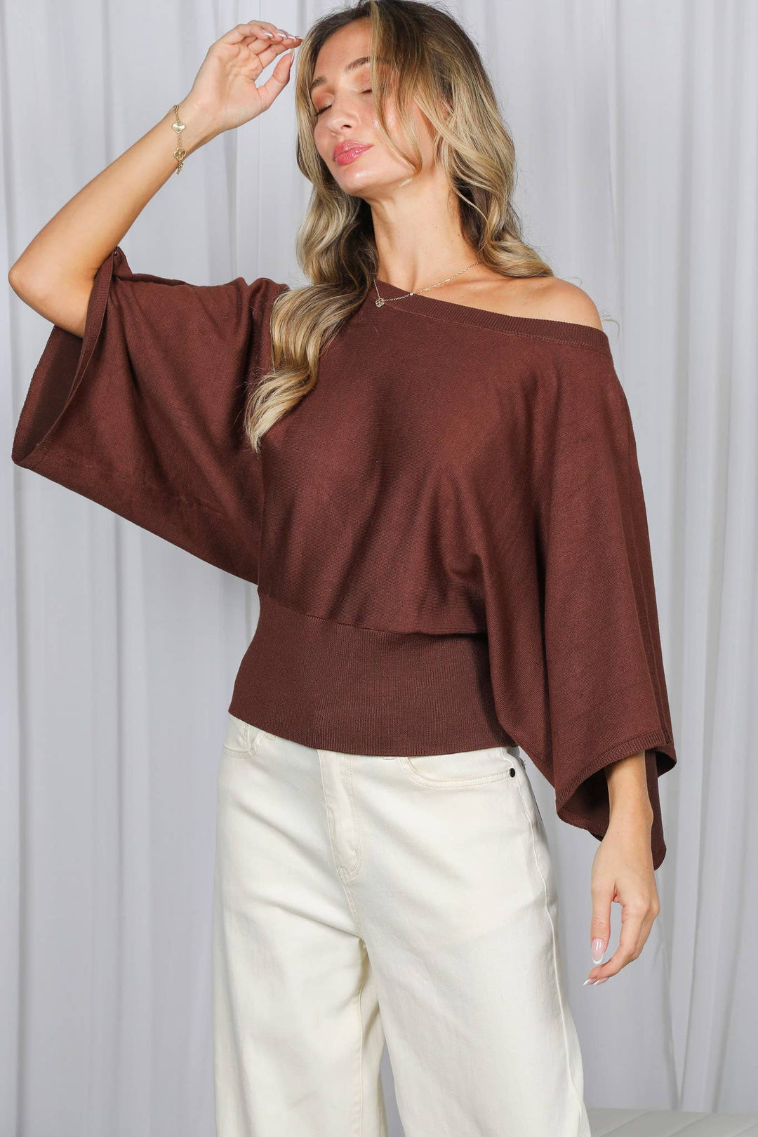 Flattering Batwing 3/4 Dolman Sleeve Knitted Sweater VT83572