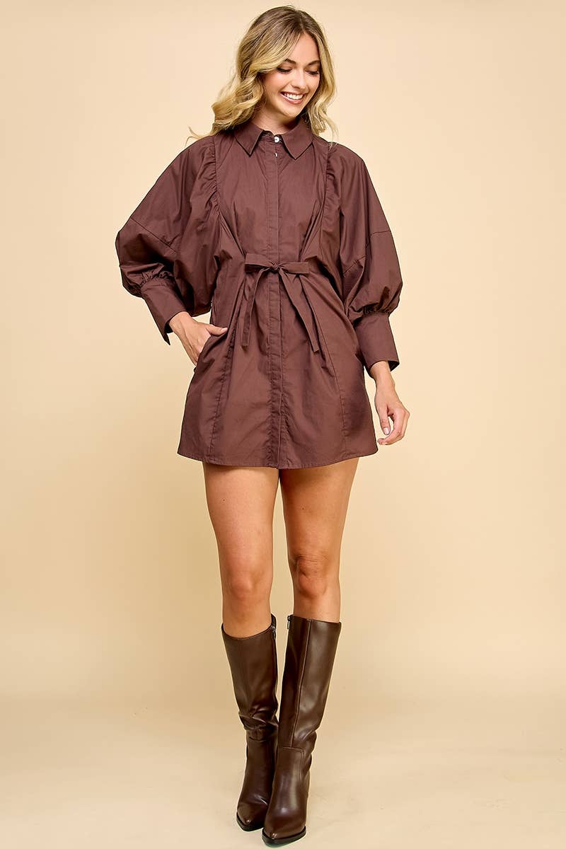 Balloon Sleeve Tie-Waist Mini Shirt Dress  PINK