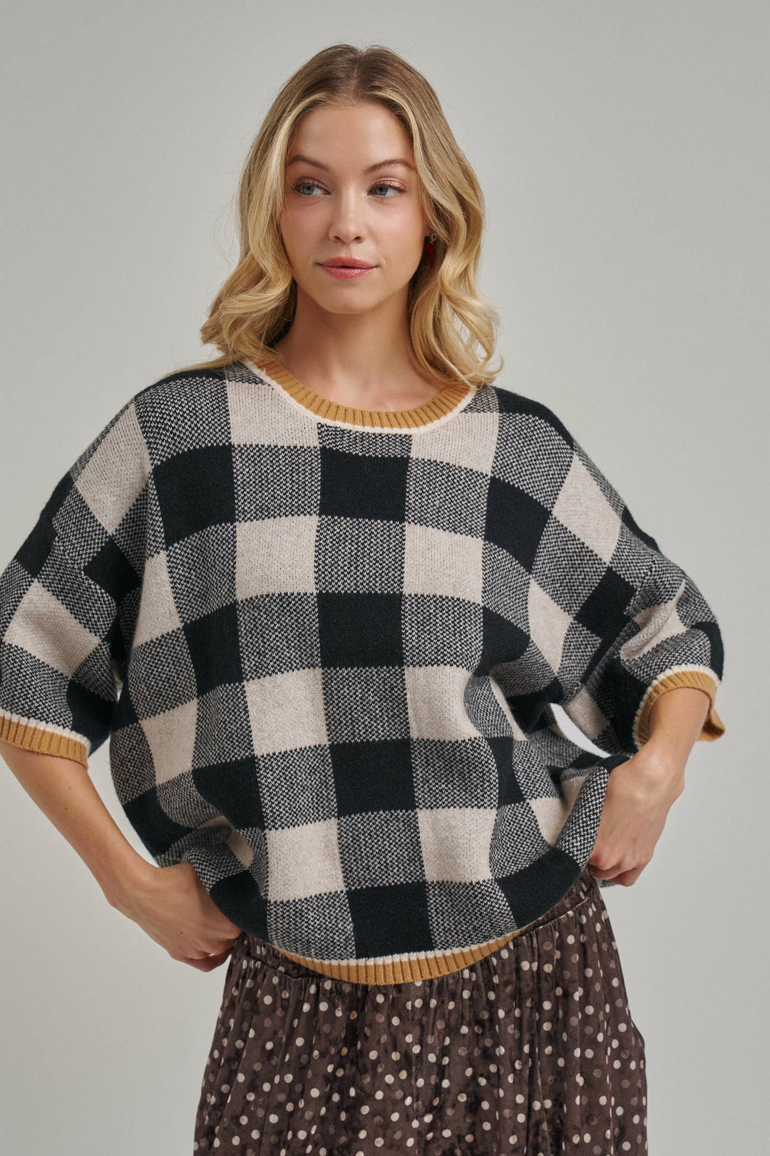 FALL CHECKERED GINGHAM DROP SHOULDER SWEATER TOP