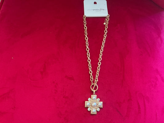 Gold cross with pearls / rhinestone necklace