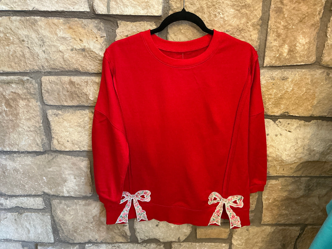 Bow Patched Slit Exposed Seam Patchwork Baggy Sweatshirt