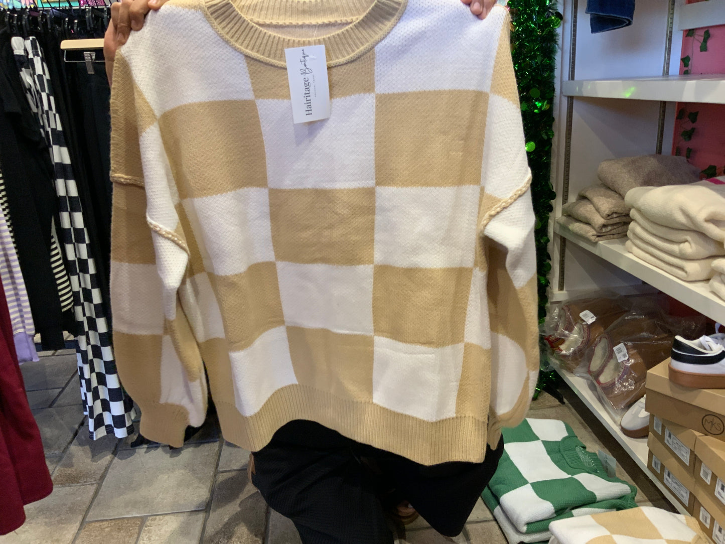 Tan White Checkered Sweater