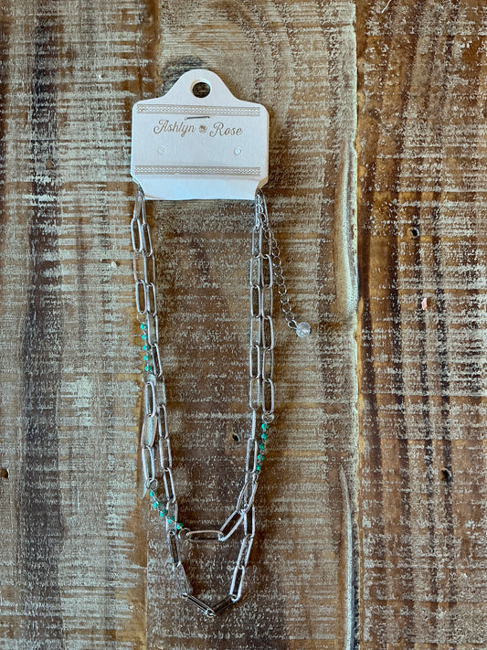 Turquoise beaded silver link necklace