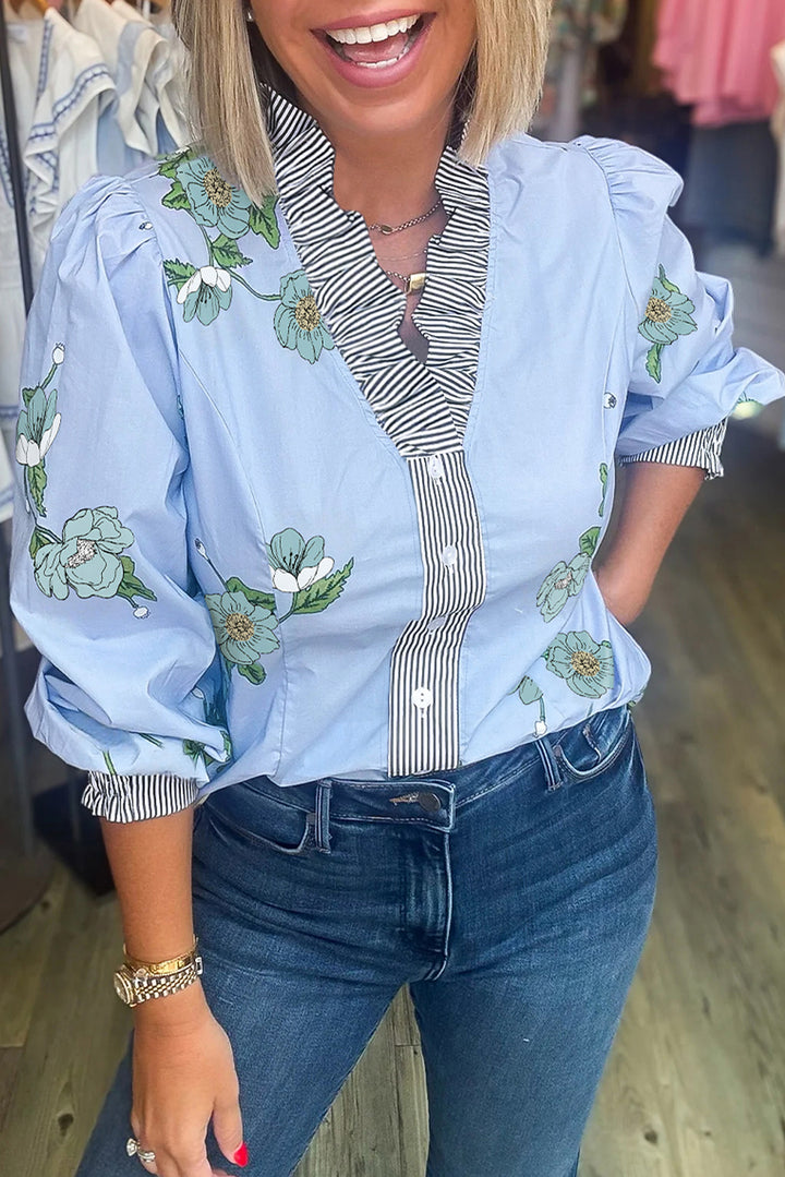 Blue Floral Contrast Top
