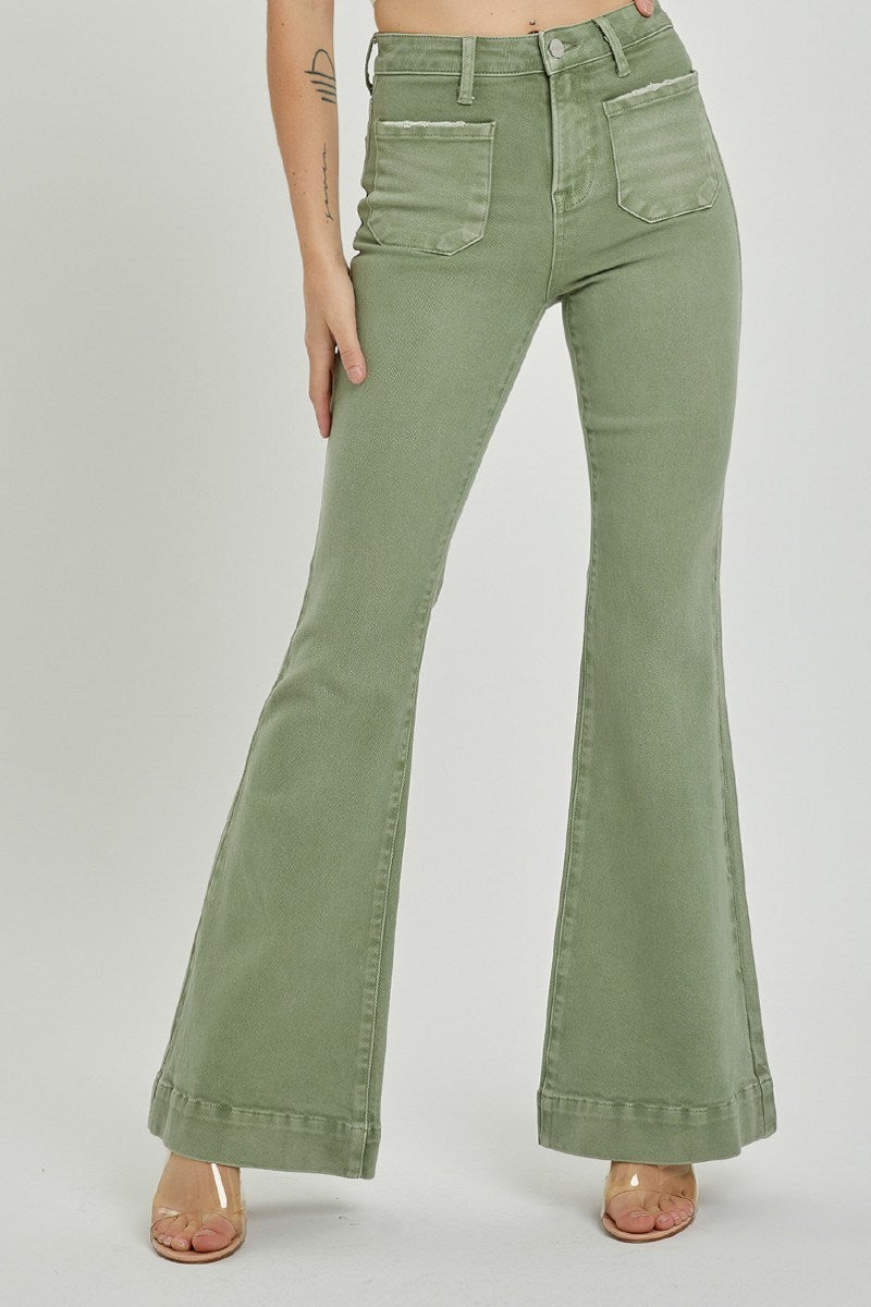 RISEN High Rise Flare Jeans Olive