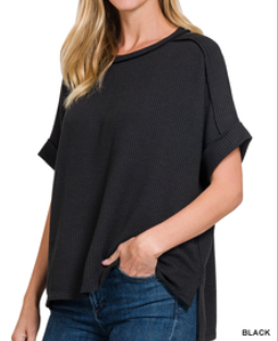 Raised rib cuff sleeve raw edge top