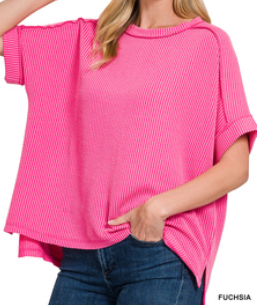 Raised rib cuff sleeve raw edge top