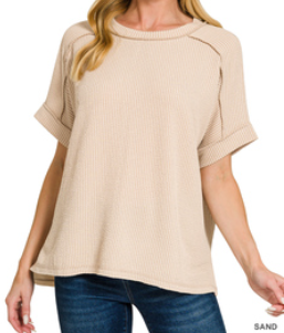 Raised rib cuff sleeve raw edge top