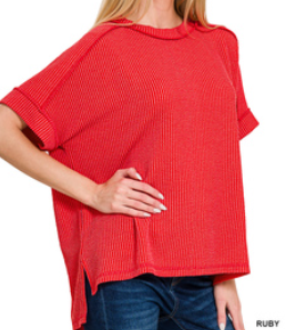 Raised rib cuff sleeve raw edge top