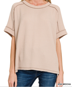 Raised rib cuff sleeve raw edge top