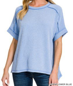 Raised rib cuff sleeve raw edge top
