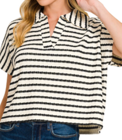 Striped split neck collared top
