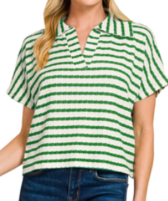 Striped split neck collared top