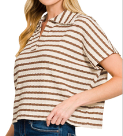 Striped split neck collared top