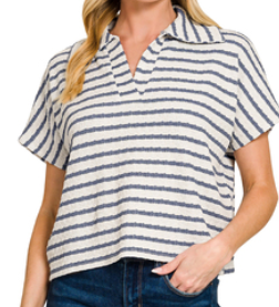 Striped split neck collared top