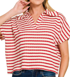 Striped split neck collared top