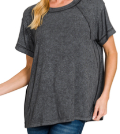 Washed ribbed cuffed short sleeve round neck top