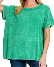 Washed ribbed cuffed short sleeve round neck top