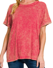Washed ribbed cuffed short sleeve round neck top