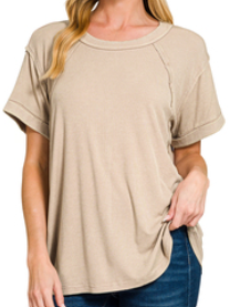 Washed ribbed cuffed short sleeve round neck top
