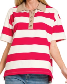 Red Striped Short Sleeve Top w/ Buttons