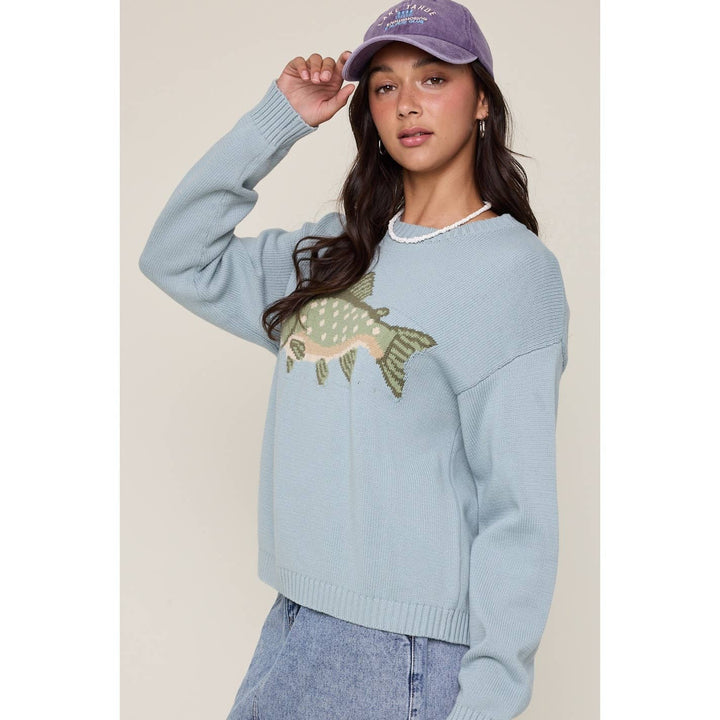 'FISH' GRAPHIC COASTAL CREWNECK SWEATER