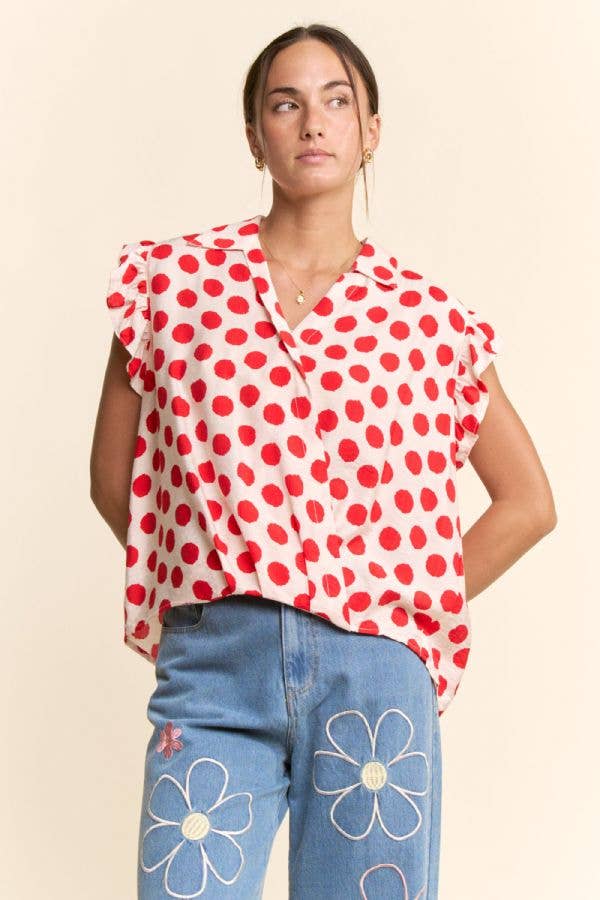 POLKA DOT PRINT SHORT RUFFLE SLEEVE V NECK BLOUSE