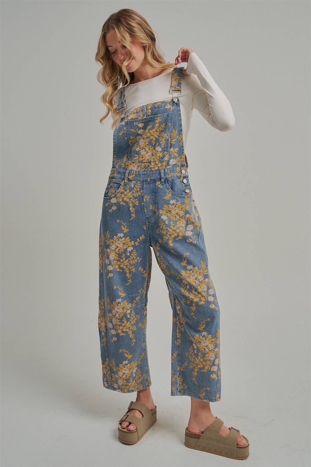 FLORAL PRINT DENIM OVERALL JUMPSUIT