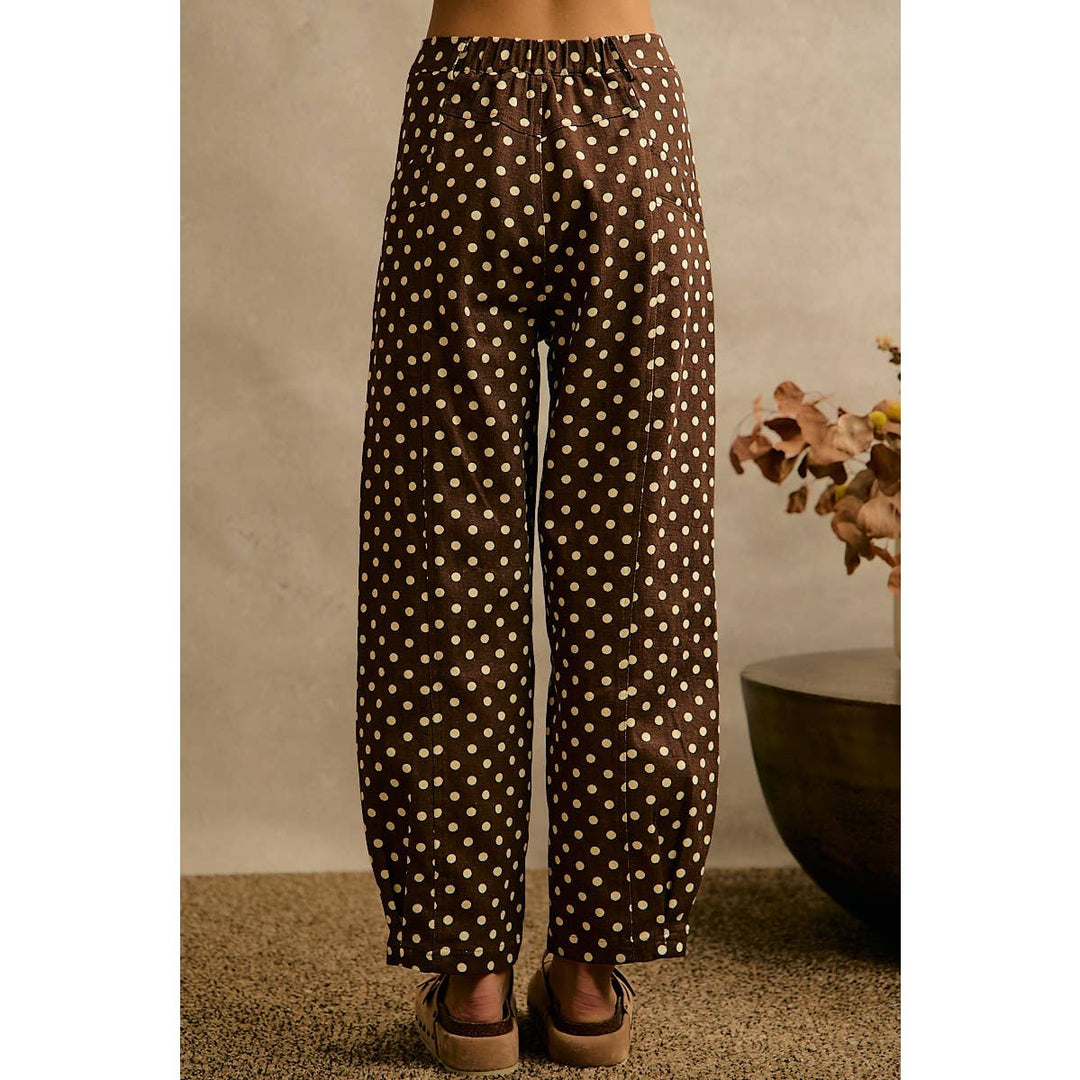 POLKA DOT PRINT TWILL MID RISE WIDE PANTS