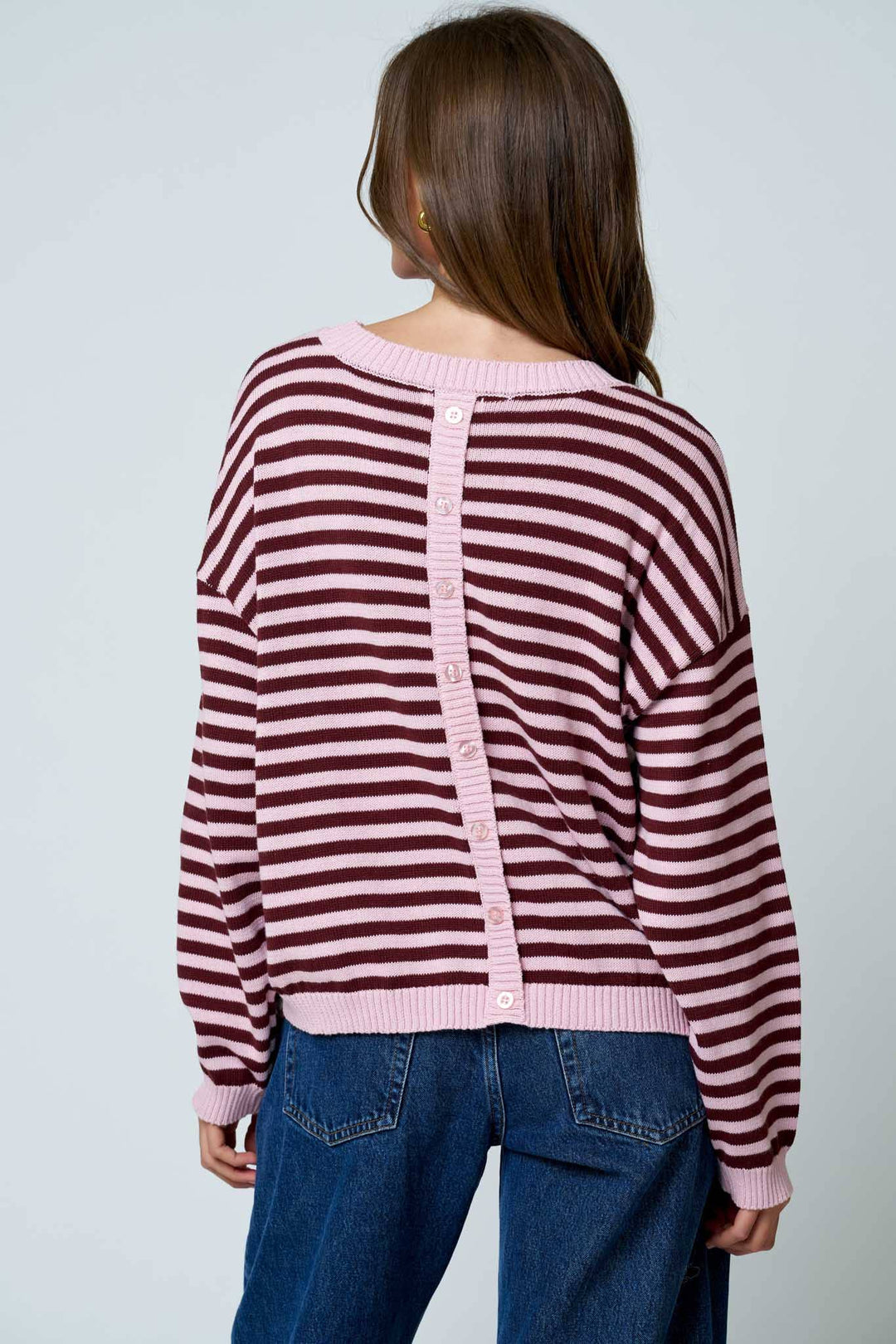 STRIPE RELAXED BACK BUTTON DETAIL KNIT SWEATER