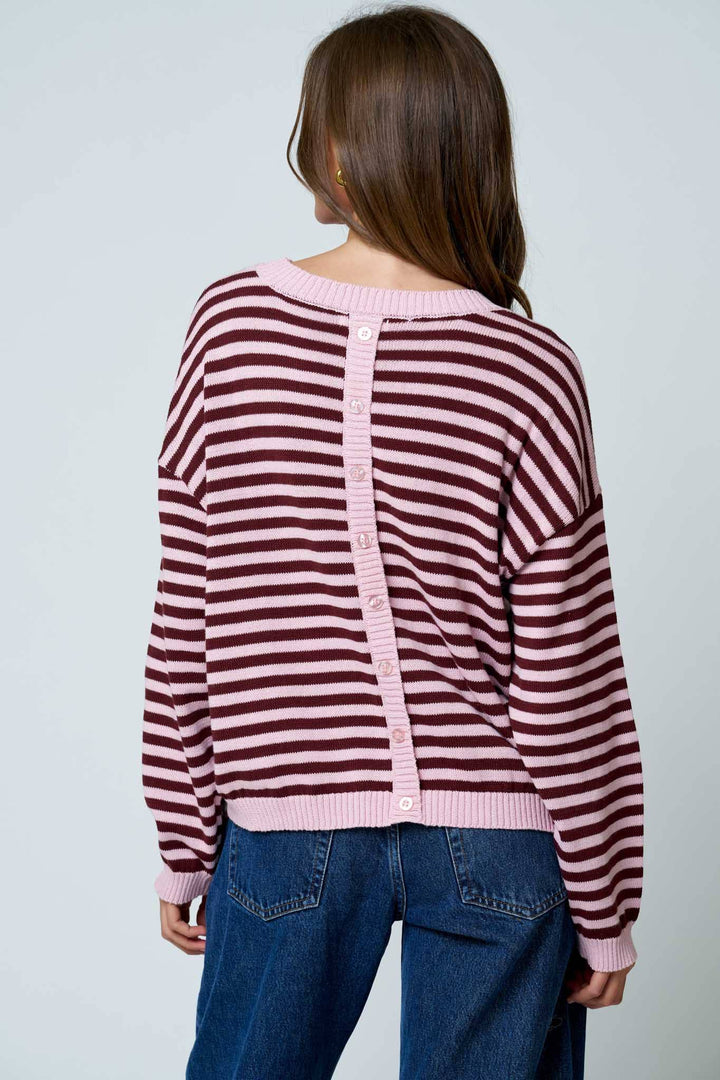 STRIPE RELAXED BACK BUTTON DETAIL KNIT SWEATER