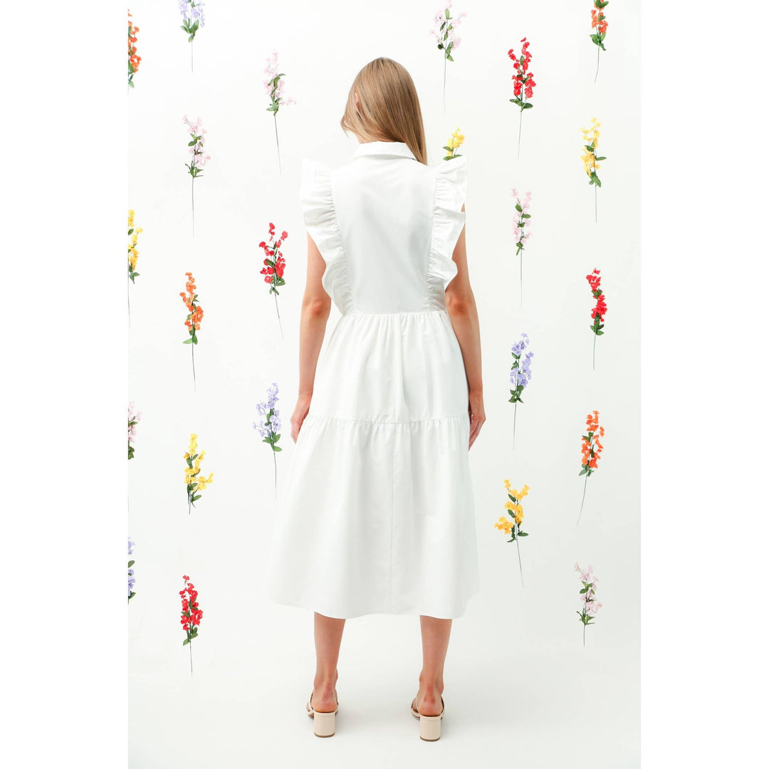 Ruffle Trim Button-Down Tiered Midi Dress WHITE