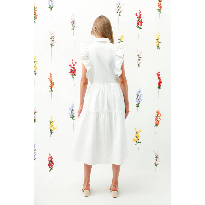Ruffle Trim Button-Down Tiered Midi Dress WHITE