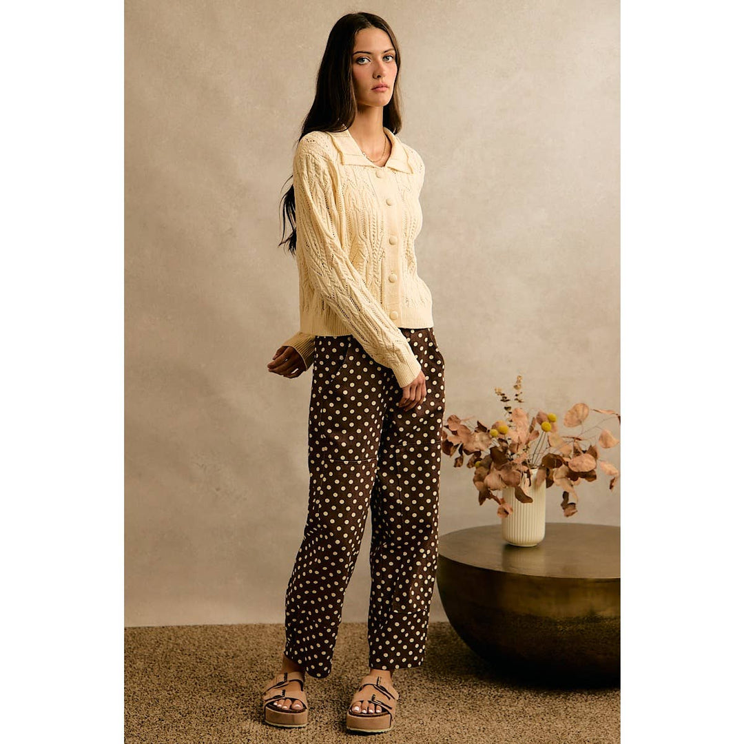 POLKA DOT PRINT TWILL MID RISE WIDE PANTS
