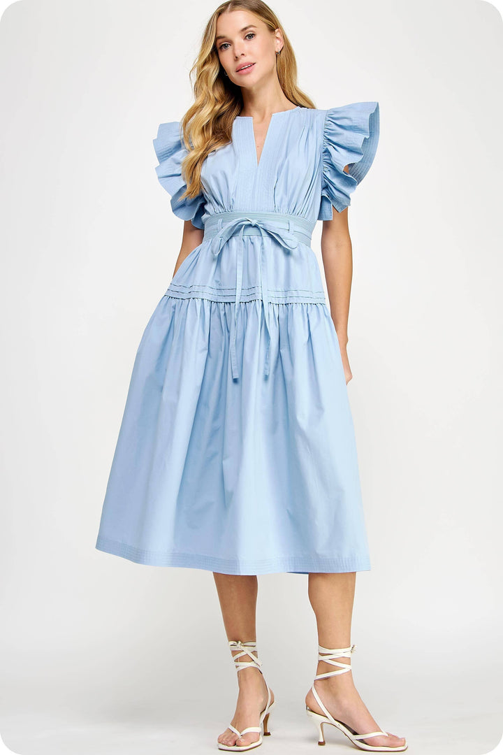 Chambray Flutter Sleeve Poplin Midi Dress