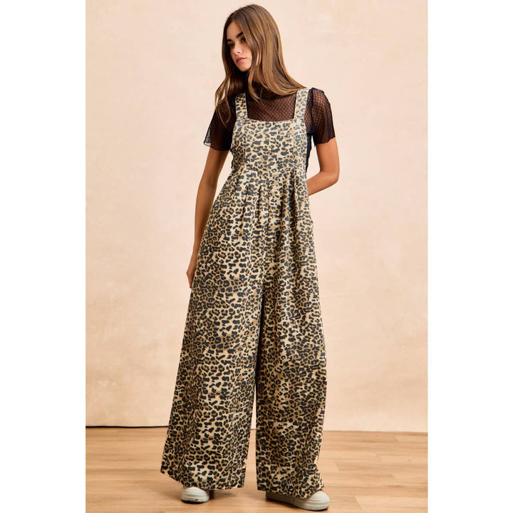 COTTON TWILL LEOPARD PRINT WIDE LEG OVERALLS