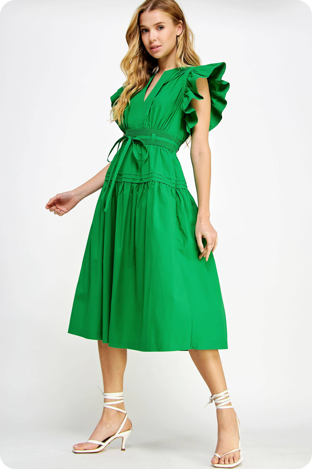 Chambray Flutter Sleeve Poplin Midi Dress