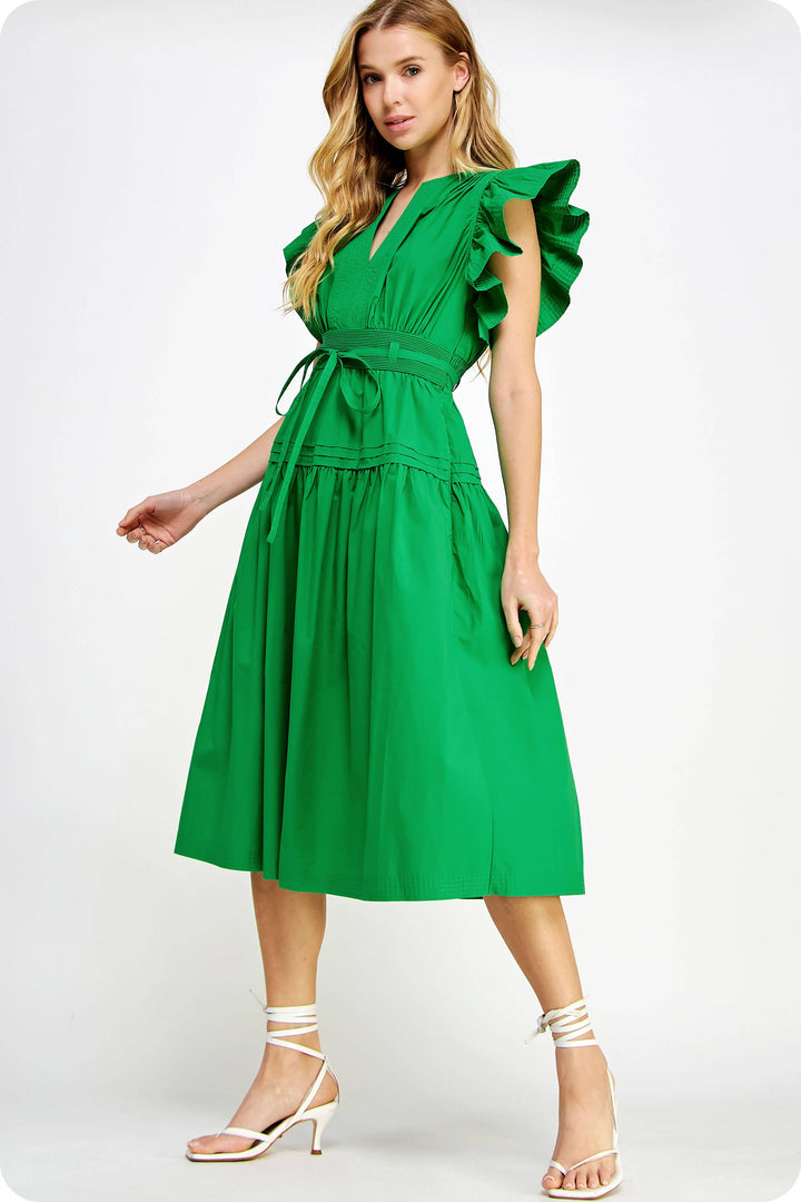 Chambray Flutter Sleeve Poplin Midi Dress