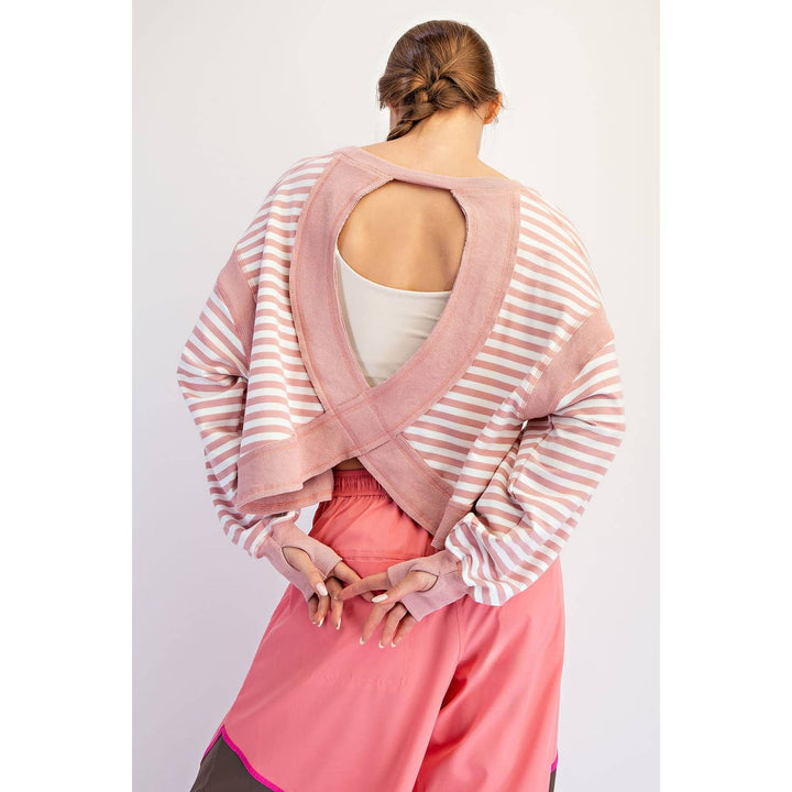 STRIPED TERRY OPEN BACK LONG SLEEVE TOP