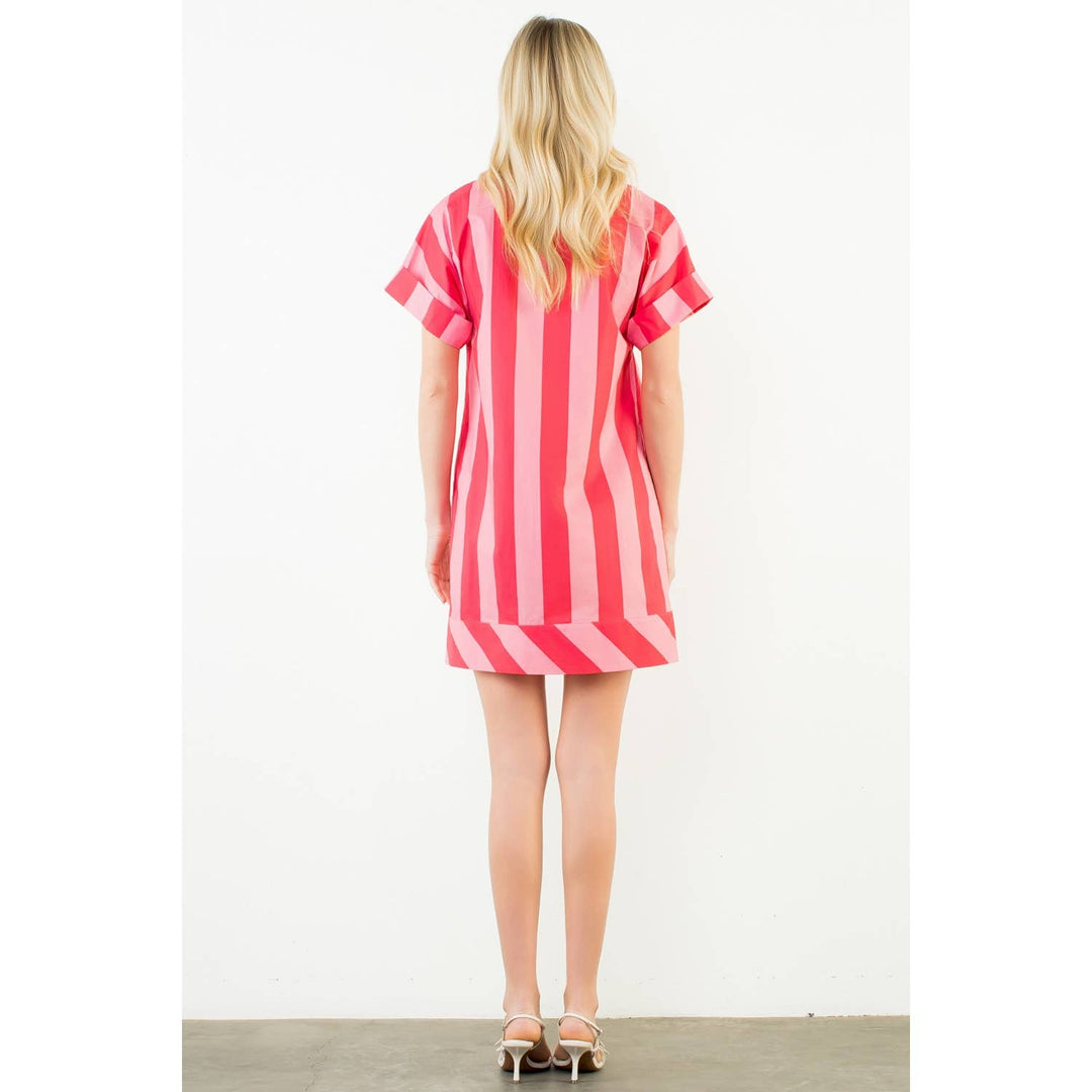 Short Sleeve Striped V-Neck Dress