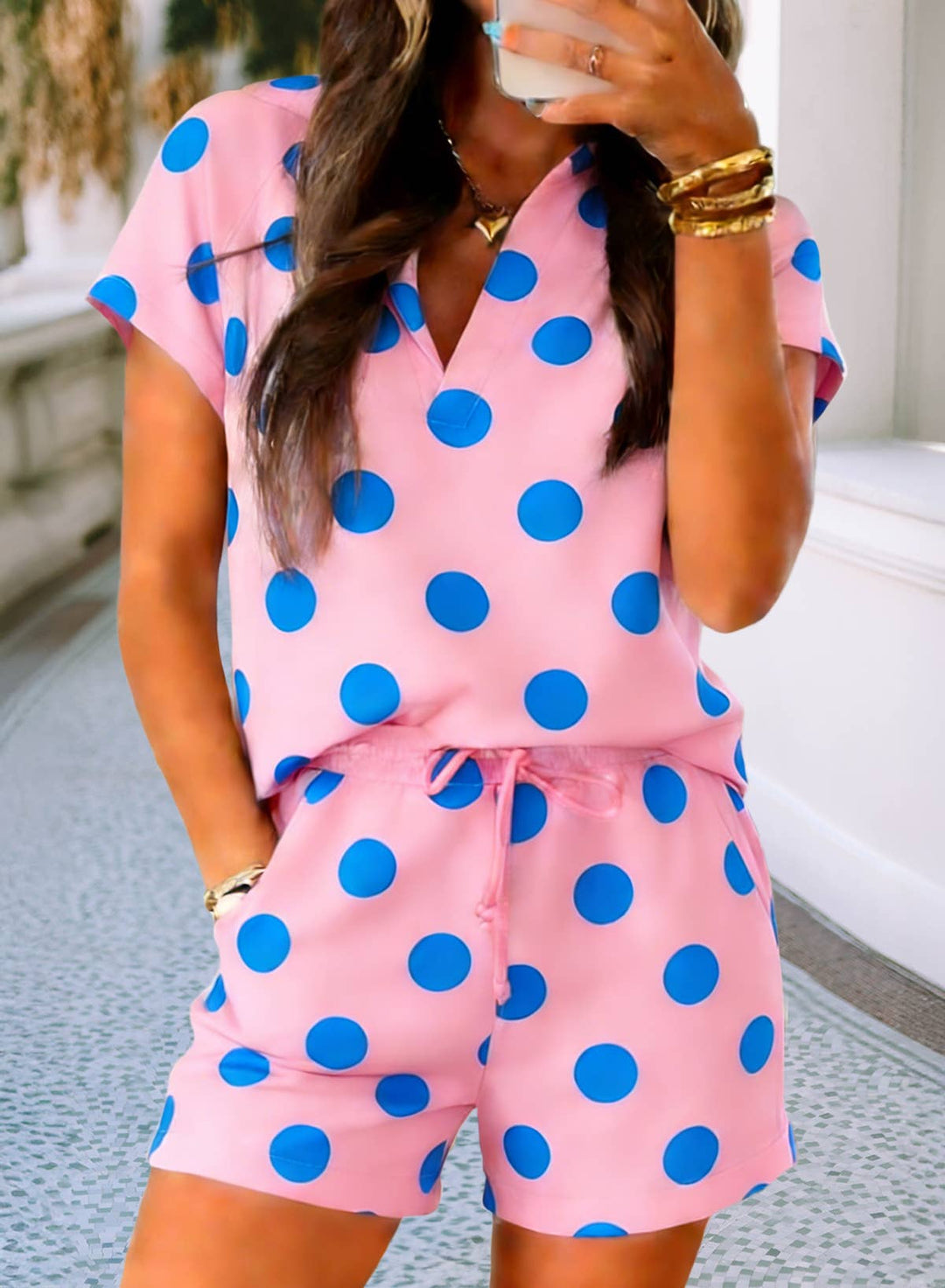 Polka Dot Short Sleeve High Waist Shift Set