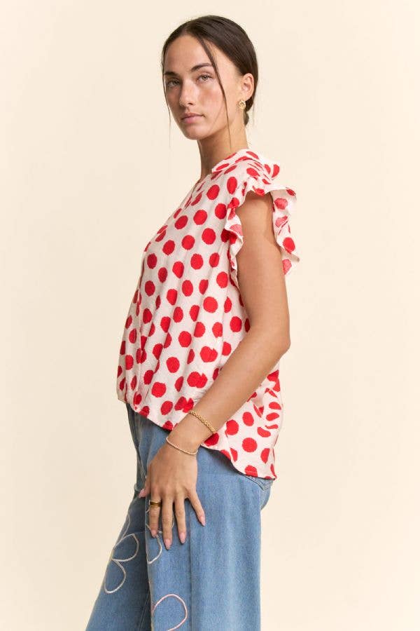 POLKA DOT PRINT SHORT RUFFLE SLEEVE V NECK BLOUSE
