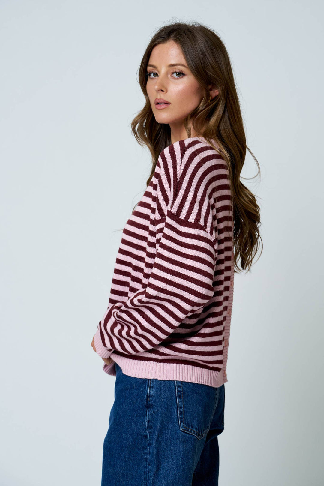 STRIPE RELAXED BACK BUTTON DETAIL KNIT SWEATER