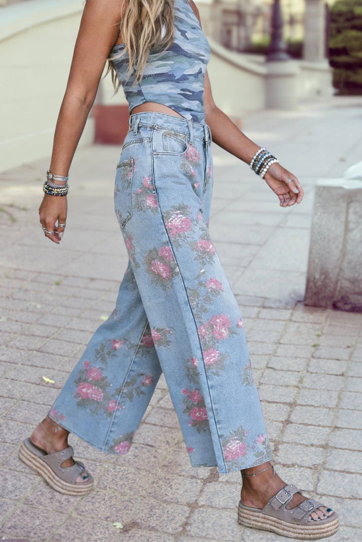 Garden Floral Print Bootcut Wide Leg High Waisted Jeans