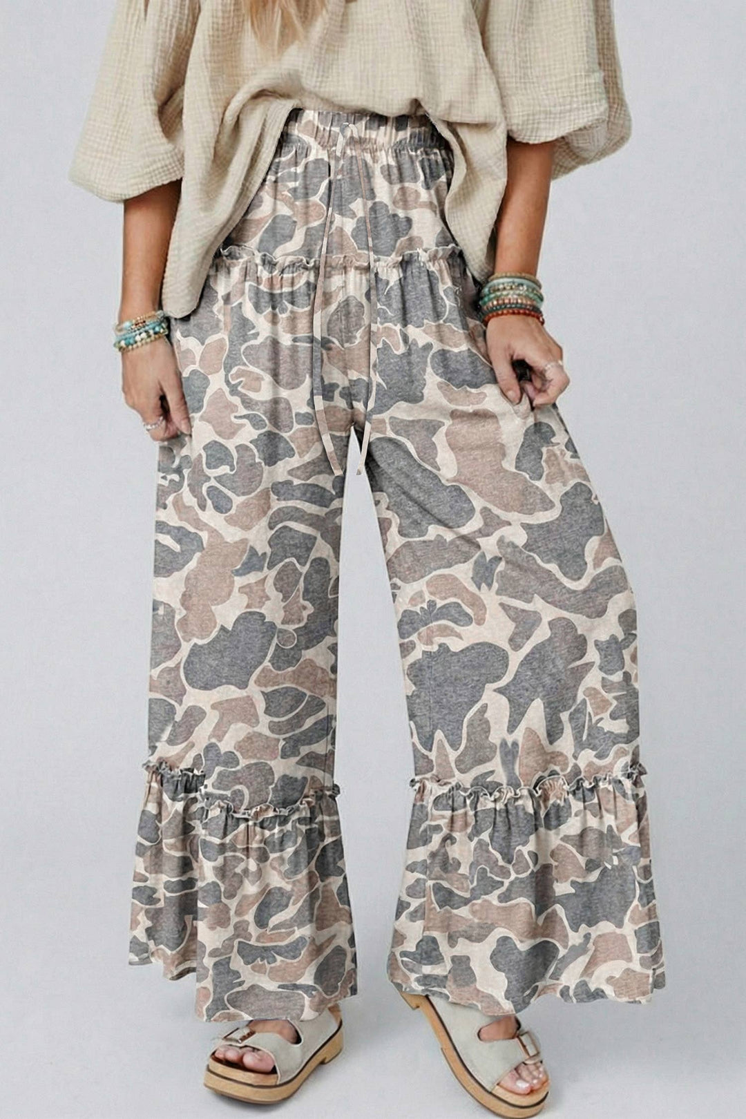 Camo Print Wide Leg Casual Pants