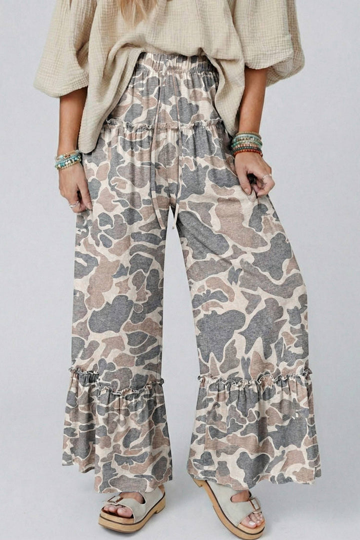 Camo Print Wide Leg Casual Pants