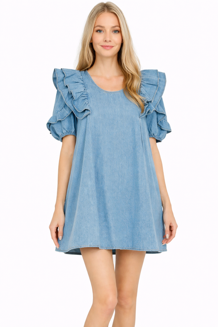 Ruffle Shoulder Denim Mini Dress with Puff Sleeves